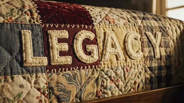 Close up of the word legacy embroidered on a patchwork quilt