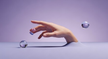Surreal 3D illustration of a human hand interacting with floating glass spheres on purple background