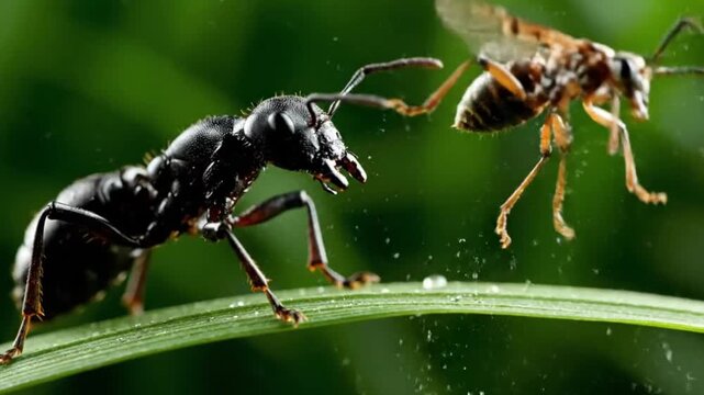 Close-up of a large black ant interacting with a smaller insect on a green leaf in a natural environment.