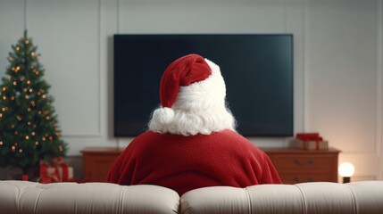 Fototapeta premium Santa Claus Relaxing on Couch While Watching Television in Cozy Holiday Living Room