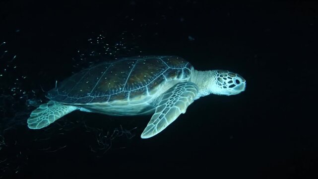 Green sea turtle swimming gracefully in the deep dark ocean at night, illuminated by a soft glow.
