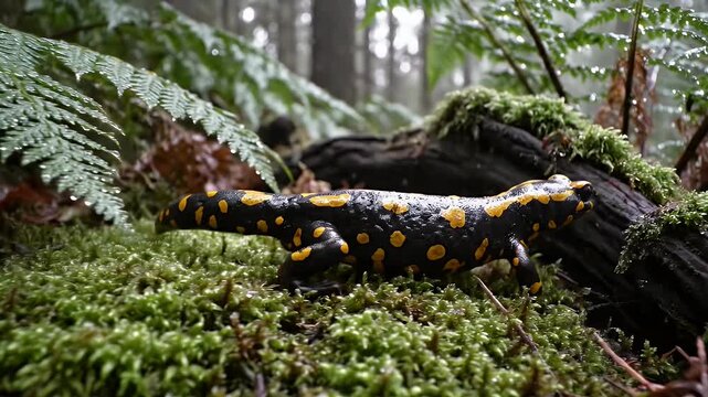 Black and yellow salamander crawls on mossy log