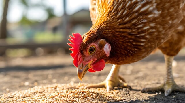 Brown chicken eating grains on the ground.