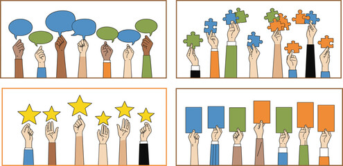 Audience Feedback and Collective Opinion Concept with Raised Hands Holding Speech Bubbles, Puzzle Pieces, Rating Stars, and Voting Cards Illustration