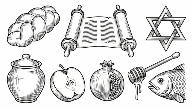 Rosh Hashanah Jewish Holiday Icons Set. Engraving Style Torah Scroll, Challah, Honey, Apple, Pomegranate, and Star of David Symbols.