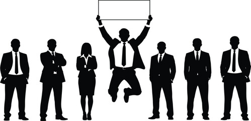 Business Leadership and Team Success Silhouette Illustration with Confident Manager Jumping and Holding Blank Banner for Motivation, Achievement, and Corporate Growth Concepts
