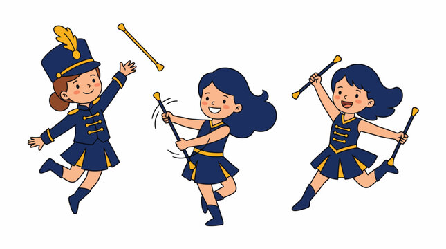 Cute Cartoon Majorette Girls Twirling Batons in Blue and Gold Marching Band Uniforms.