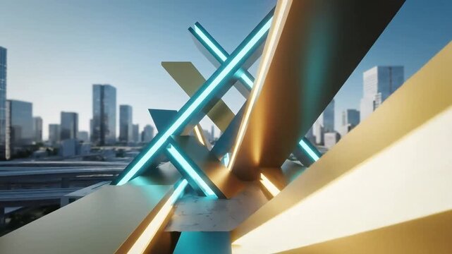 Abstract architectural sculpture with glowing neon lights against a modern cityscape backdrop symbolizing innovation technology and futuristic urban design concepts