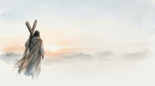easter Christ Jesus cross watercolor spiritual crucifixion scene depicting the son of God walking towards the light during sunrise on a minimalist religious background for lent.