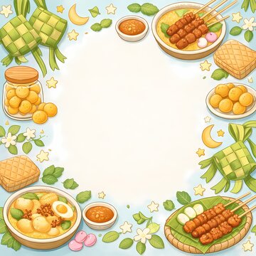 Cute Festive Frame for Eid al-Fitr and Ramadan with Traditional Indonesian Food like Ketupat, Satay, Opor Ayam, and Nastar Cookies, Circular Copy Space Background Illustration