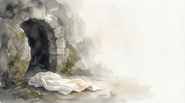easter Christ Jesus empty tomb resurrection shroud tomb watercolor painting showing the burial cloth left behind after the miracle of the rising of the savior with copy space.