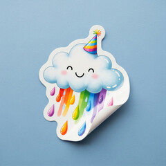 Cute smiling cloud sticker wearing a party hat and raining colorful rainbow drops a whimsical cartoon design perfect for celebrations birthdays and cheerful graphic