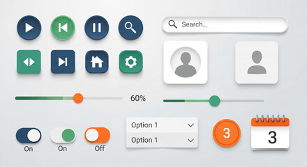 Modern user interface elements and UX kit featuring soft neumorphic design and clean minimalist style for web mobile app development and digital product design