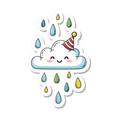 Cute cartoon cloud with party hat and colorful raindrops whimsical weather illustration for childrens designs and stickers isolated on white