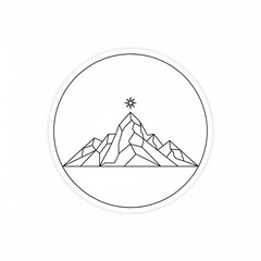 Minimalist geometric mountain range illustration with a star at the peak enclosed in a circular frame perfect for adventure logos or web elements