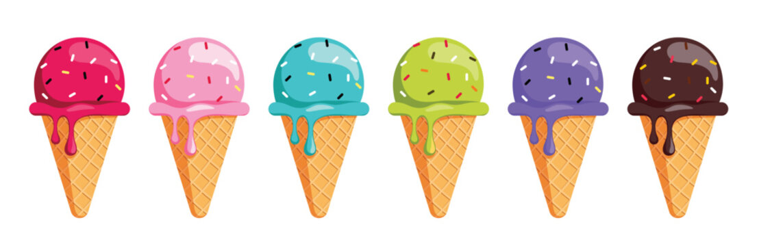 Ice Cream waffle cone clipart set. Colorful Ice Cream cone clip art with sprinkles and different flavors for summer break sweet dessert graphic design template collection vector illustration.
