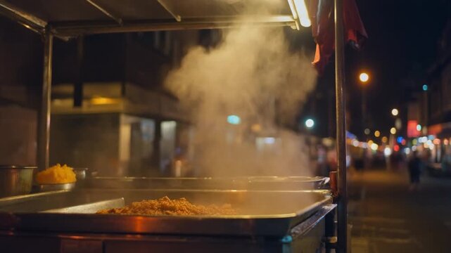 street food vendor at night with steaming dish