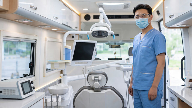 Asian male dentist in blue scrubs and mask posing in a mobile dental clinic inside van for community healthcare and remote medical services