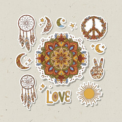 Bohemian sticker collection with dreamcatchers mandala peace sign and celestial elements perfect for journaling and creative projects