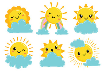 Fototapeta premium Sun with faces and cloud clipart set. Sun with faces behind the cloud clip art yellow Sun characters logotype drawing elements collection vector illustration. 