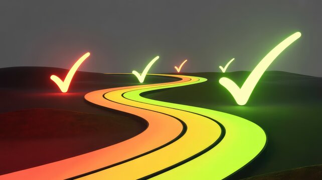 Winding illuminated path with glowing check marks guiding the way to success and achievement in a dark abstract landscape representing a journey