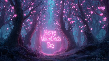 Fototapeta premium Magical forest with glowing pink hearts and Happy Valentine's Day message