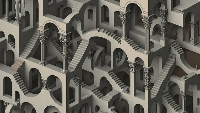 Architectural structure with impossible stairs and repeating patterns in isometric view