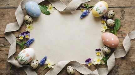 Easter Celebration Background with Pastel Speckled Eggs, Spring Flowers and Silk Ribbon on Linen Fabric