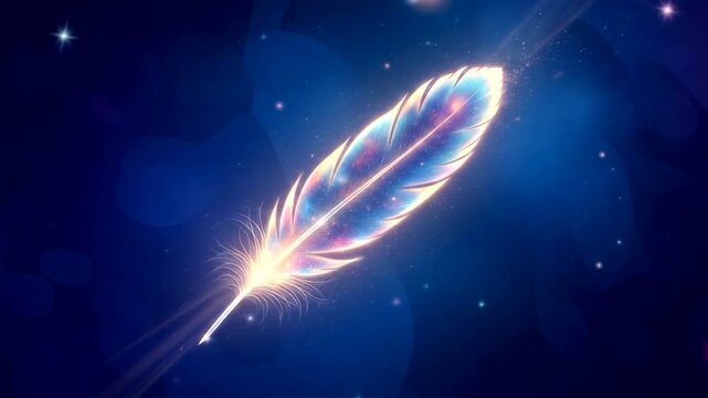 Glowing Feather Flying Through Dark Space.