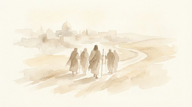 Easter Christ Jesus Jerusalem religious watercolor journey disciples walking towards the ancient holy city on a path of faith in this spiritual sepia illustration art piece.