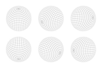 Black wireframe sphere collection with grid variations. Abstract geometric grid line art ball design.