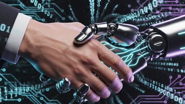 Human and robot hand shaking, AI collaboration, digital binary code and circuit board background, future technology partnership, business automation concept