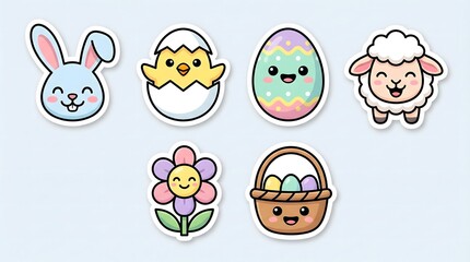 Fototapeta premium Easter Kawaii Sticker Set with Cute Bunny, Chicks in Eggs, Baby Sheep and Spring Flower Baskets in Pastel Colors
