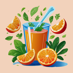 Freshly Squeezed Orange Juice Glass With Orange Slices And Green Leaves On Pink Artistic Surface Design - Vector Illustration