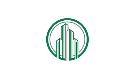 Obraz premium Green Urban Development Emblem: Modern Skyscraper Icon Within A Circular Design