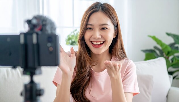 Smiling Asian Woman Recording Video Blog with Camera, Happy Vlogger.