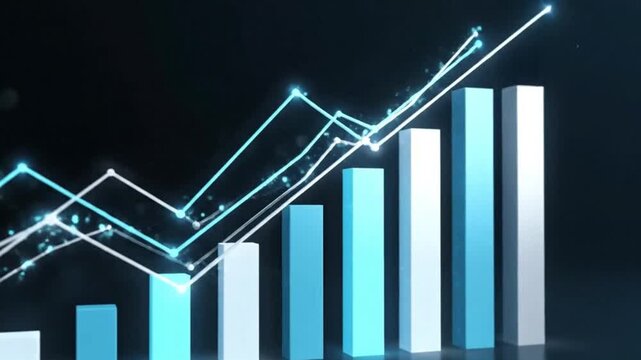 Blue and white bar chart with glowing line graph overlay, financial data visualization, business growth analytics, dark background