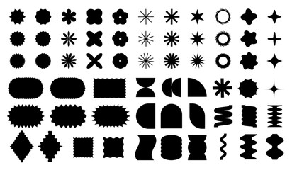 Black Flat Organic Shape and Starburst Frame Label Set, Scallop Blob Burst UI Badge Collection, Vector