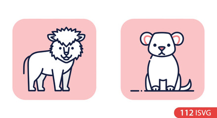 Obraz premium Cute Cartoon Animal Icons: Lion Cub and Bear Cub