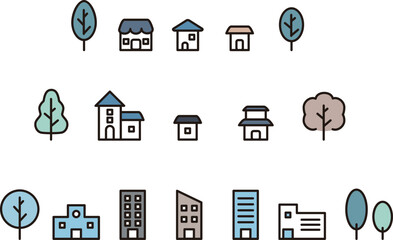 家とビルの街並みイラストセット。不動産、住宅街、都市開発のアイコン　飾り　デザイン素材