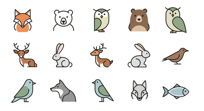 Cute Forest Animals Icons Set: Fox, Bear, Owl, Deer, Rabbit, Bird, Wolf, Fish