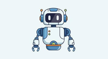 A cute robot with a white and blue body standing against a light blue background with a simple and playful design.