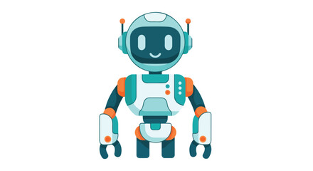Colorful robot toy with a smiley face and headset stands against a clean white background in a flat lay composition.