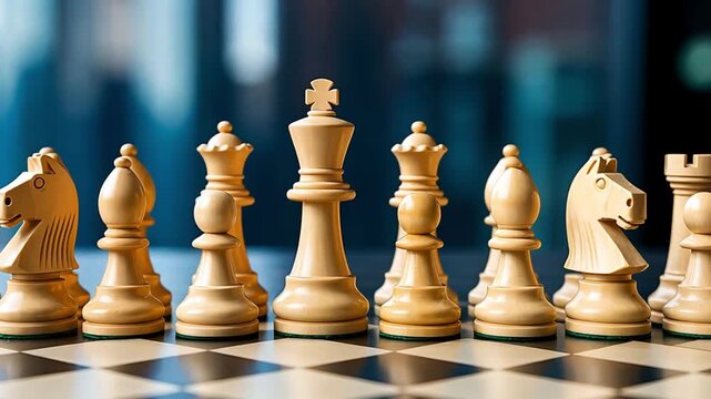 Wooden chess pieces on a board, showing a king, bishop, pawn, and knight, with a blue background, for strategy and game