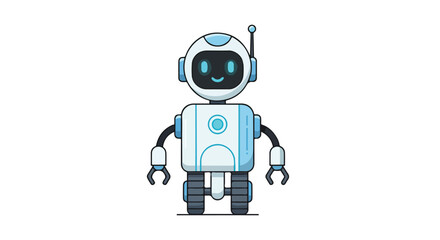 A cheerful robot with a headset and a smiley face stands against a clean white background with a modern and technological feel.