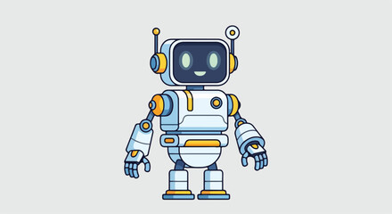 A cute robot with a white and orange body standing against a clean white background with a playful mood.