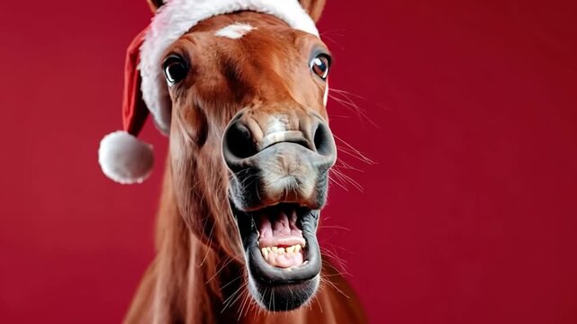 Funny brown horse wearing santa hat, making a comical face with mouth open, for Christmas holiday humor