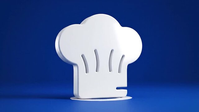 White 3D Chef's hat icon on a blue backdrop. Shadow, minimalist, graphic, culinary, cooking concept
