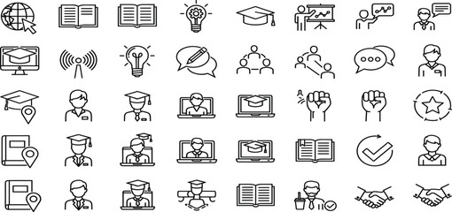 Education and Online Learning Line Icon Set with Graduation, Students, Knowledge, Communication, Achievement, and Academic Process Symbols Illustration