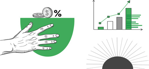 Financial Growth Protection Illustration with Hand Shielding Money, Interest Percentage, Rising Bar Chart, and Investment Performance Concept for Business and Finance Visuals